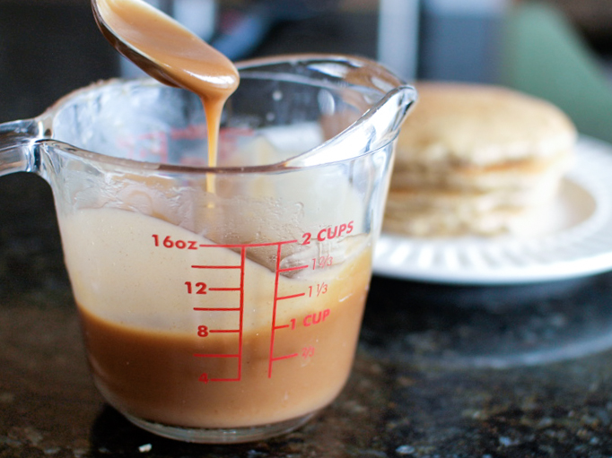 Whole Wheat Oatmeal Pancakes with Peanut Butter Syrup from Veggie and the Beast