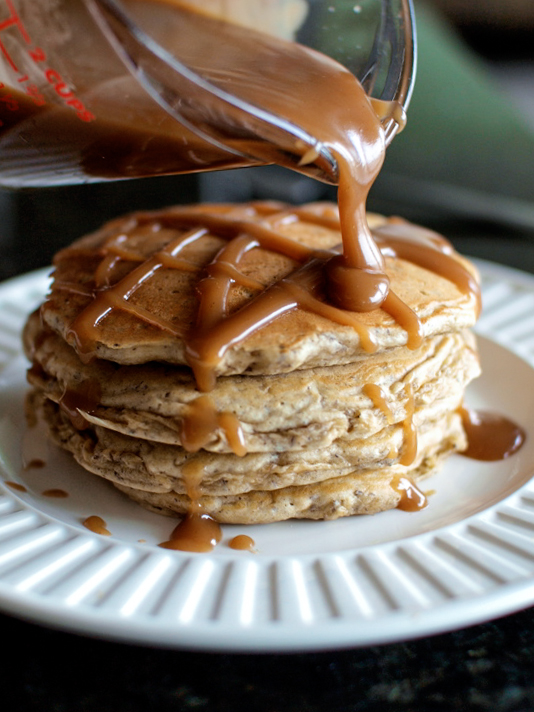 Whole Wheat Oatmeal Pancakes with Peanut Butter Syrup from Veggie and the Beast