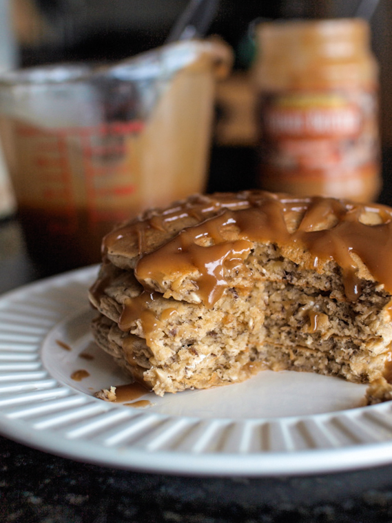 Whole Wheat Oatmeal Pancakes with Peanut Butter Syrup from Veggie and the Beast