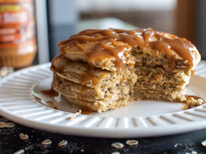 Whole Wheat Oatmeal Pancakes with Peanut Butter Syrup from Veggie and the Beast