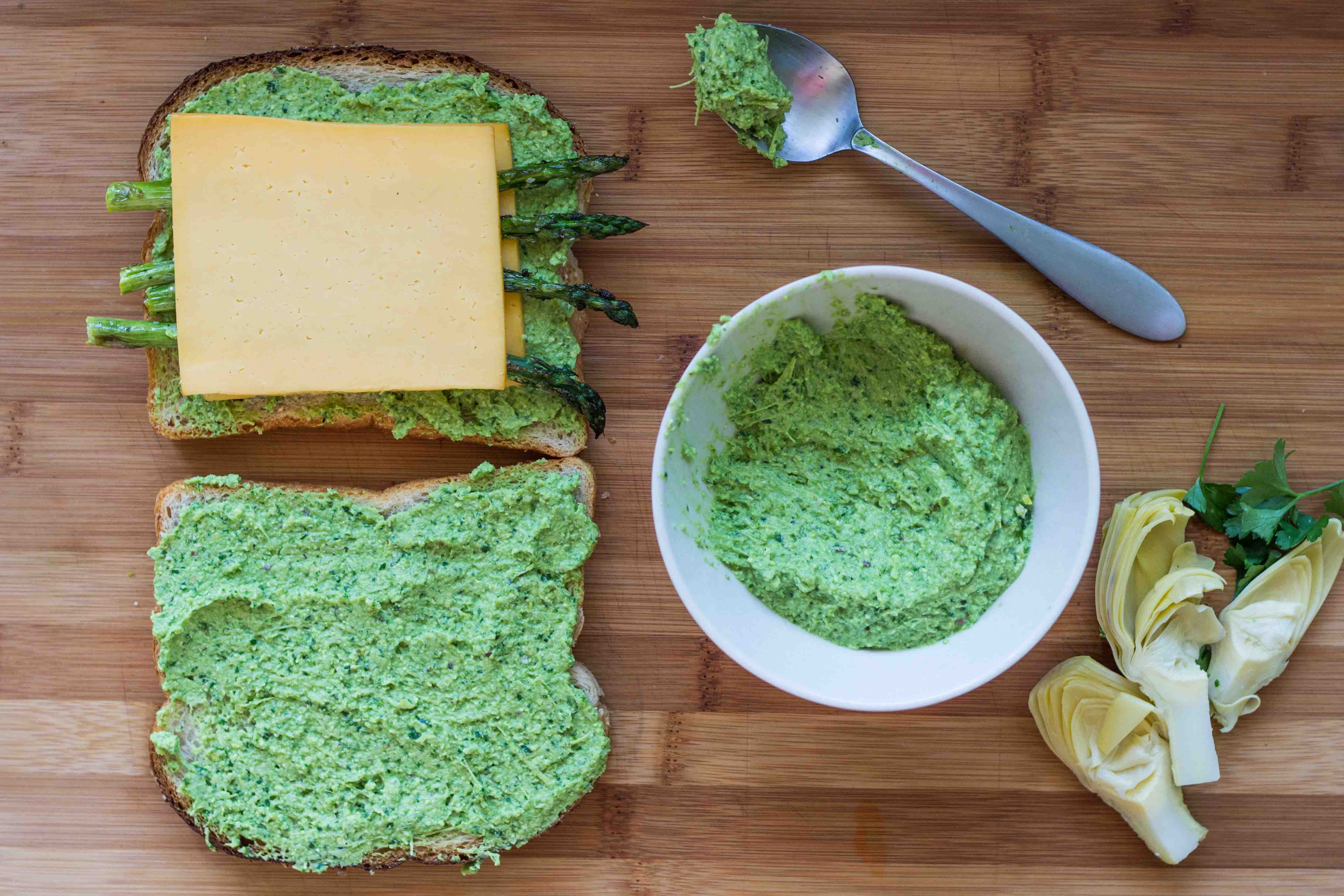 Roasted Asparagus Grilled Cheese with Artichoke Arugula Pesto 