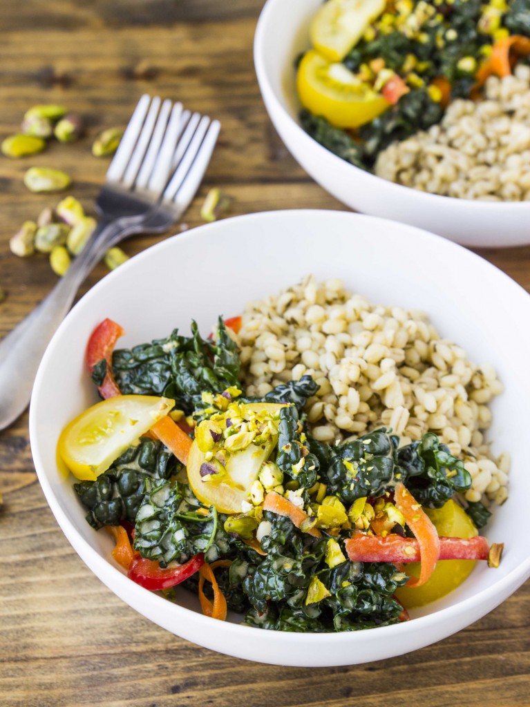 Colorful Kale and Barley Salad with Sweet Onion Lemon Dressing | Veggie and the Beast