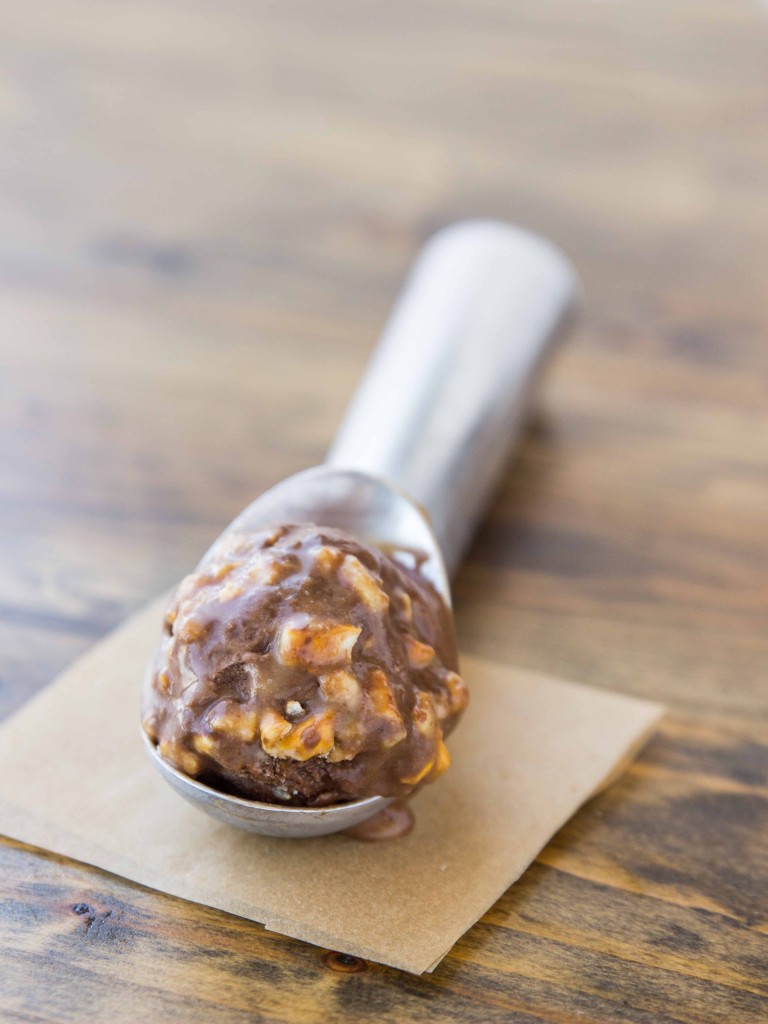 Vegan Chocolate Pretzel Ice Cream with Salted Caramel Swirl