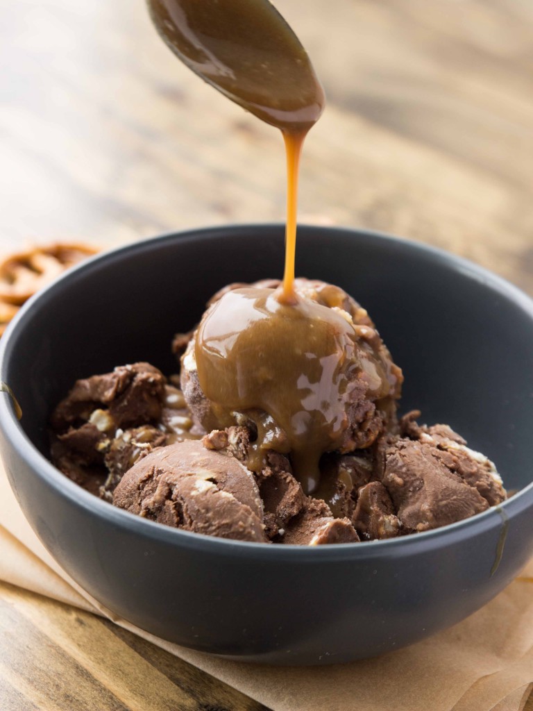 Vegan Chocolate Pretzel Ice Cream with Salted Caramel Swirl