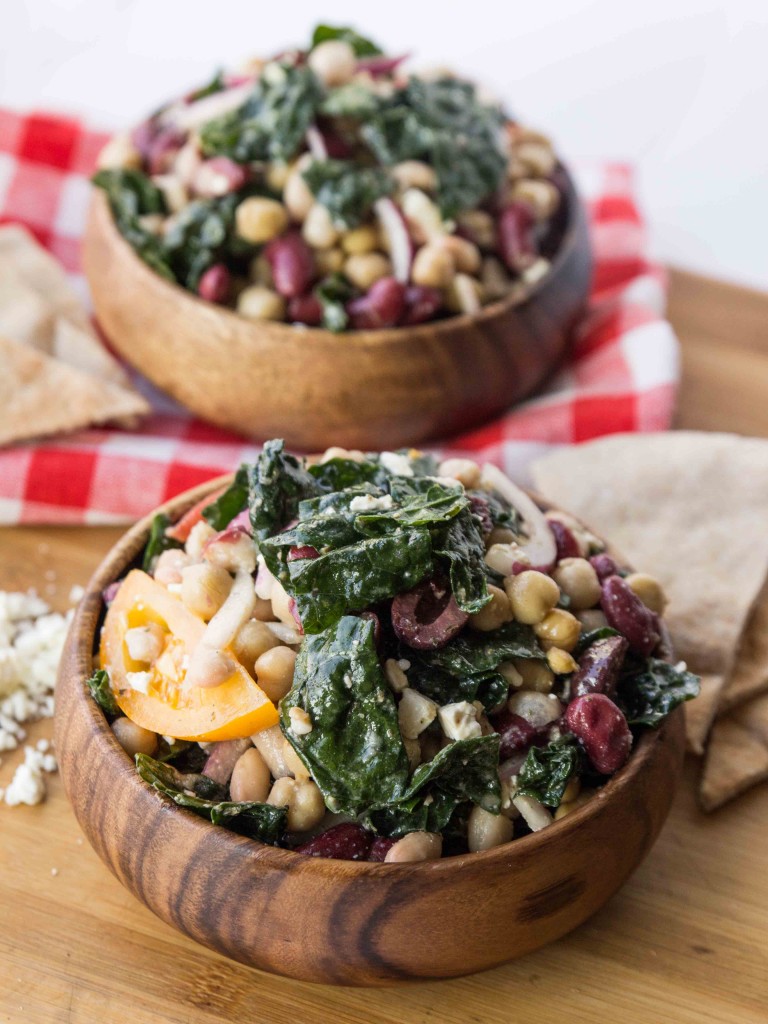 Three Bean Greek Kale Salad | http://veggieandthebeastfeast.com