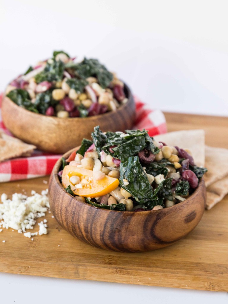 Three Bean Greek Kale Salad | http://veggieandthebeastfeast.com