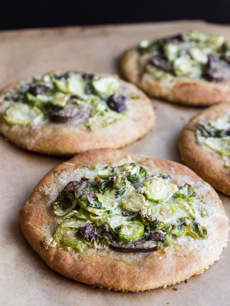 Brussels Sprout, Mushroom and Creme Fraiche Pizzas // veggieandthebeastfeast.com