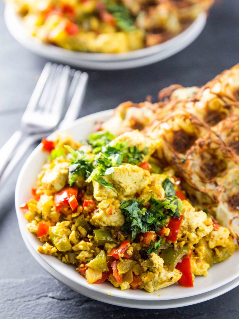 Garlicky Pepper Tofu Scramble with Waffled Jalapeno Hashbrowns // veggieandthebeastfeast.com