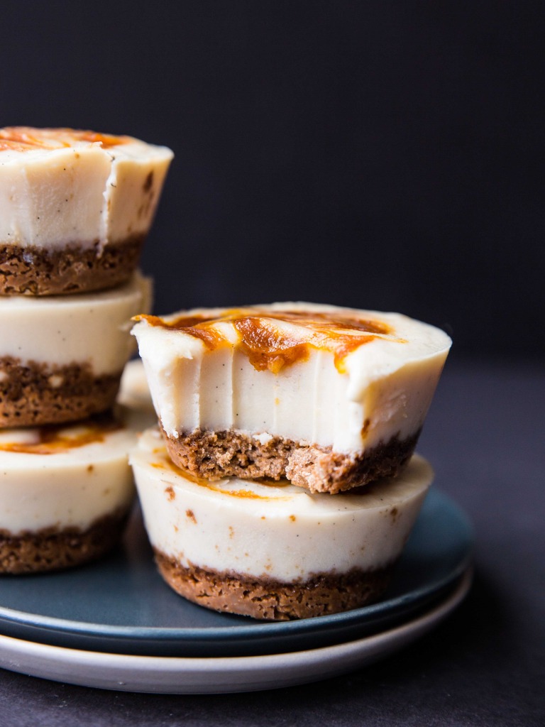 Individual Pumpkin Butter-Swirled Vanilla Bean Cheesecakes // veggieandthebeastfeast.com #dairyfree #vegan