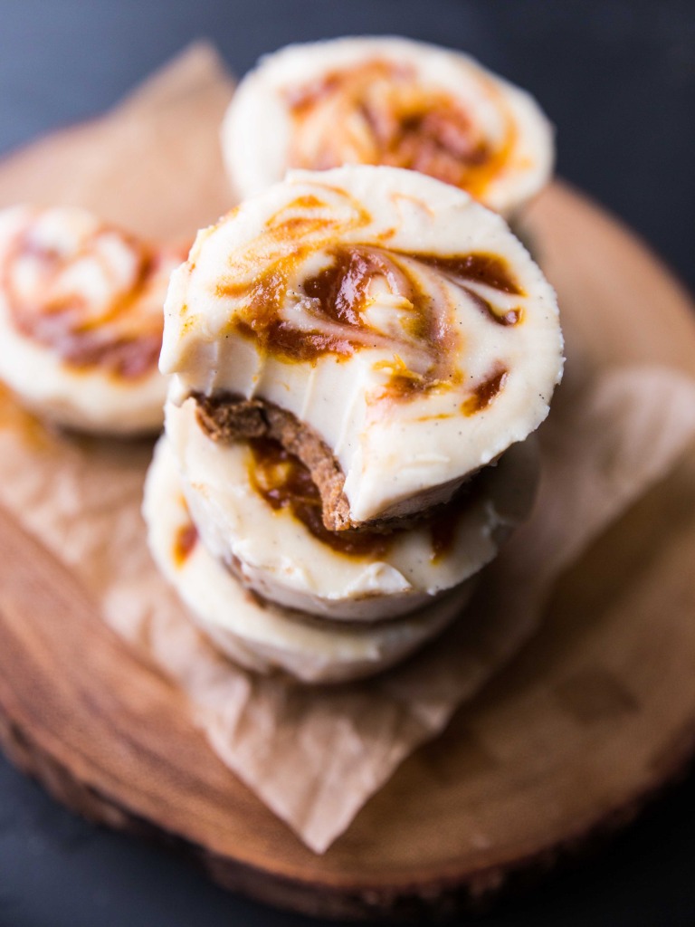 Individual Pumpkin Butter-Swirled Vanilla Bean Cheesecakes // veggieandthebeastfeast.com #dairyfree #vegan