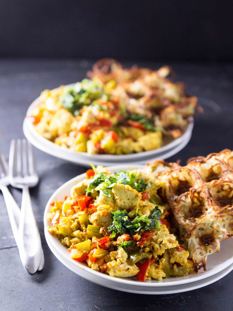 Garlicky Pepper Tofu Scramble with Waffled Jalapeno Hashbrowns // veggieandthebeastfeast.com