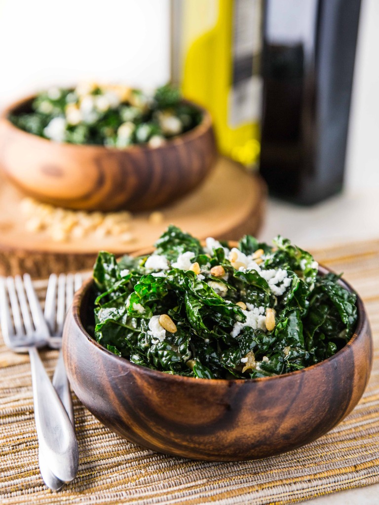 Warm Kale Salad with Goat Cheese, Pine Nuts and Sweet Onion Balsamic Dressing // veggieandthebeastfeast.com