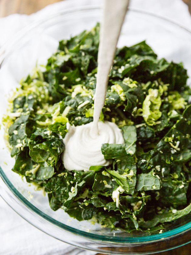 Shredded Brussels Sprout, Kale, and Sweet Potato Salad // @veggiebeastblog