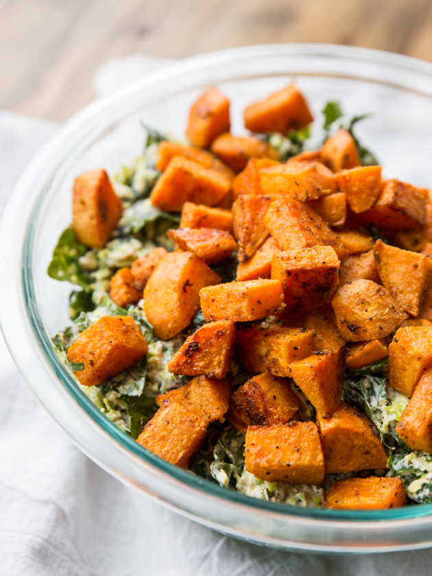 Shredded Brussels Sprout, Kale, and Sweet Potato Salad // @veggiebeastblog