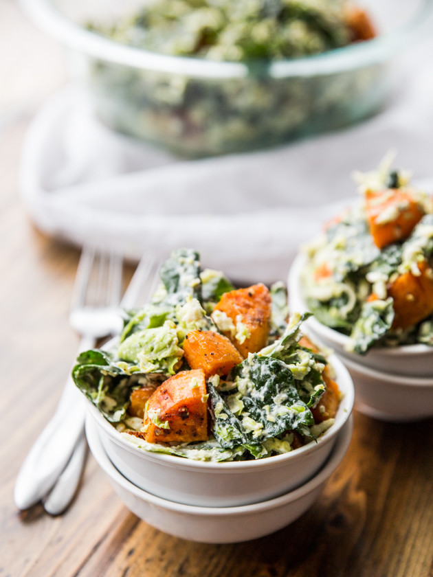 Shredded Brussels Sprout, Kale, and Sweet Potato Salad // @veggiebeastblog