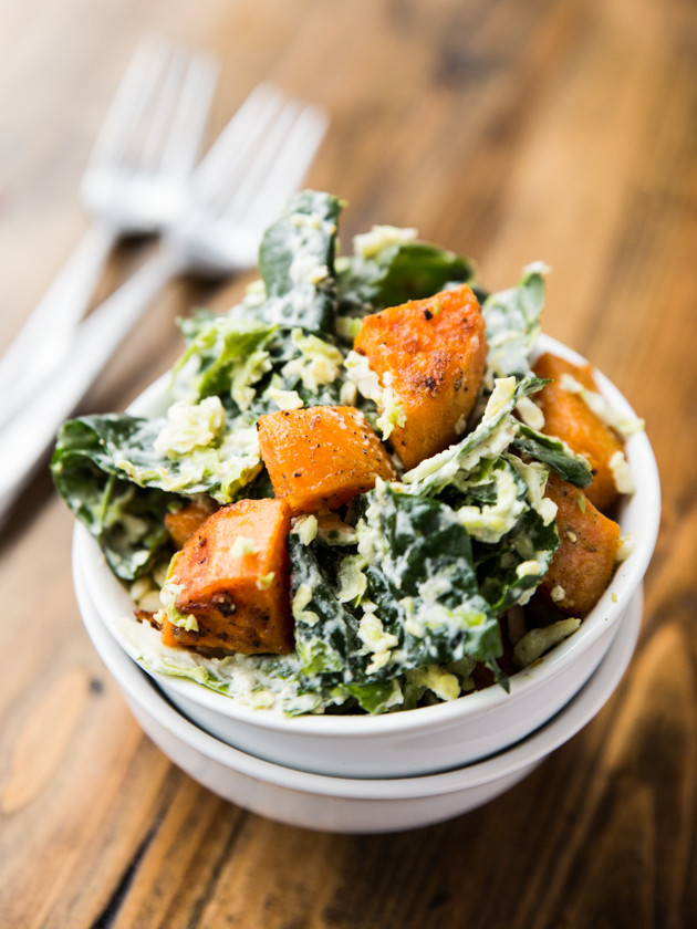 Shredded Brussels Sprout, Kale, and Sweet Potato Salad // @veggiebeastblog