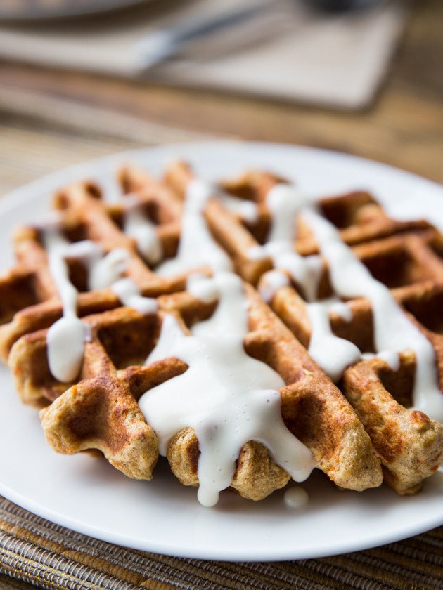 Carrot Cake Waffles with Maple Cream Cheese Glaze, for Two // @veggiebeastblog #highprotein