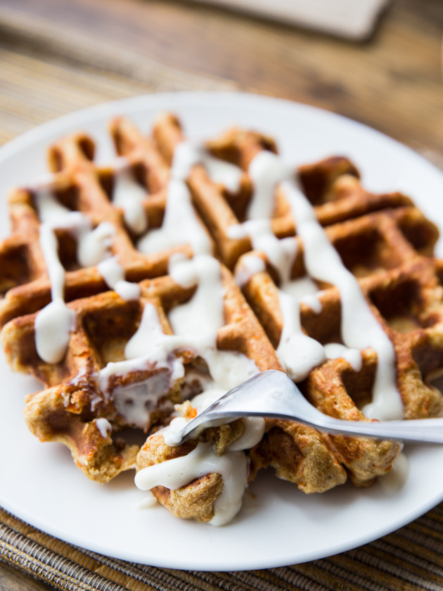 Carrot Cake Waffles with Maple Cream Cheese Glaze, for Two // @veggiebeastblog #highprotein