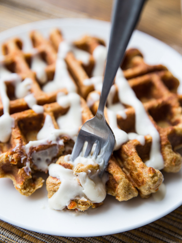 Carrot Cake Waffles with Maple Cream Cheese Glaze, for Two // @veggiebeastblog #highprotein