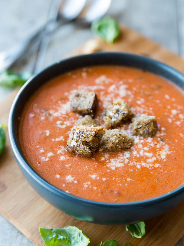 Tomato Basil and Brie Soup with Parmesan Croutons // veggieandthebeastfeast.com