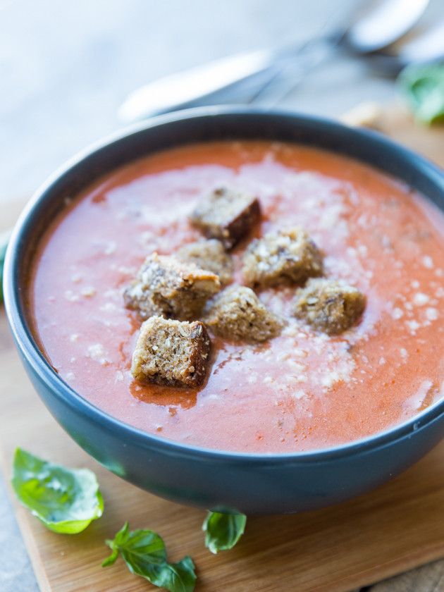 Tomato Basil and Brie Soup with Parmesan Croutons // veggieandthebeastfeast.com