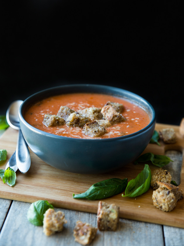 Tomato Basil and Brie Soup with Parmesan Croutons // veggieandthebeastfeast.com