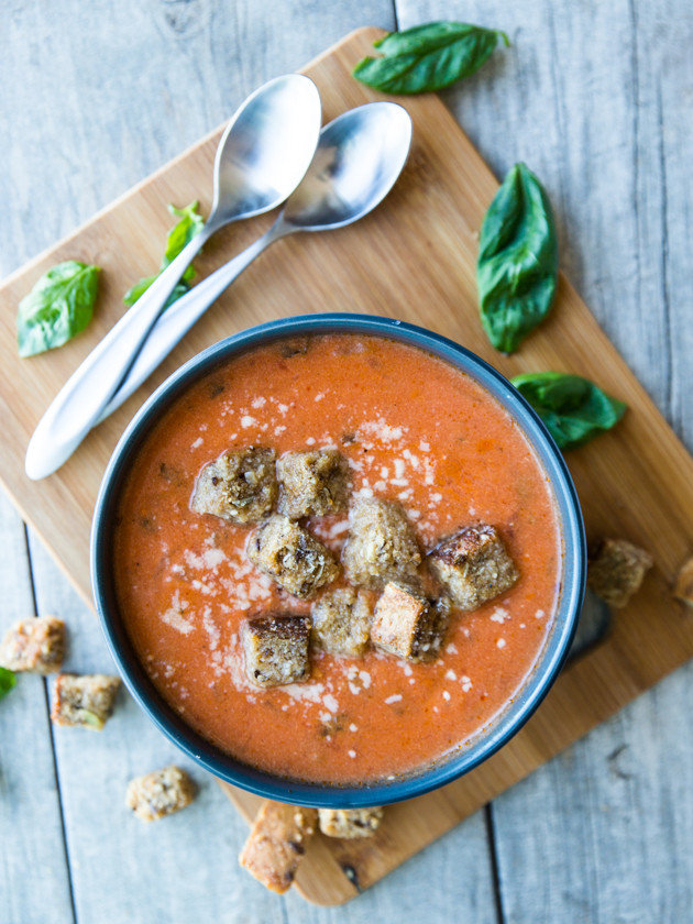 Tomato Basil and Brie Soup with Parmesan Croutons // veggieandthebeastfeast.com