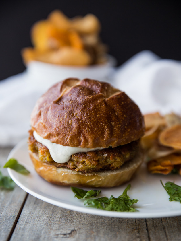 Curried Carrot Chickpea Chia Burgers // veggieandthebeastfeast.com