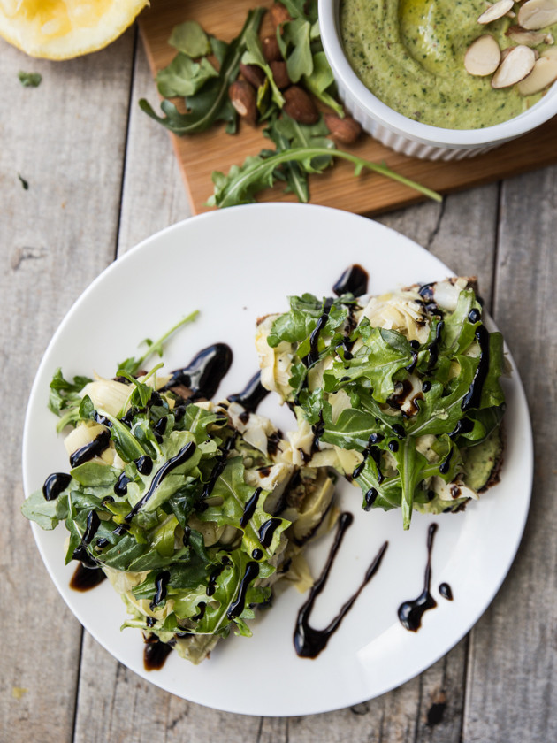 Open-Faced Lemon Pepper Artichoke and Arugula Sandwiches // @veggiebeastblog