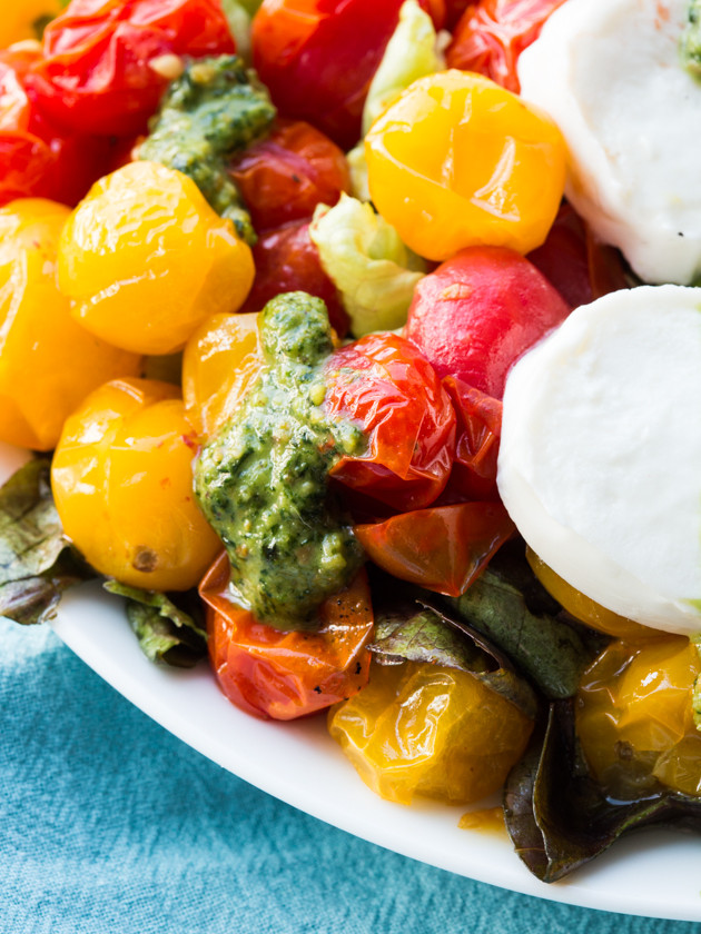 Roasted Eggplant and Burst Tomato Mozzarella Pesto Salad with Easy Dijon Vinaigrette // @veggiebeastblog