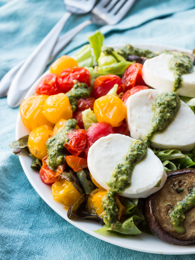 Roasted Eggplant and Burst Tomato Mozzarella Pesto Salad with Easy Dijon Vinaigrette // @veggiebeastblog