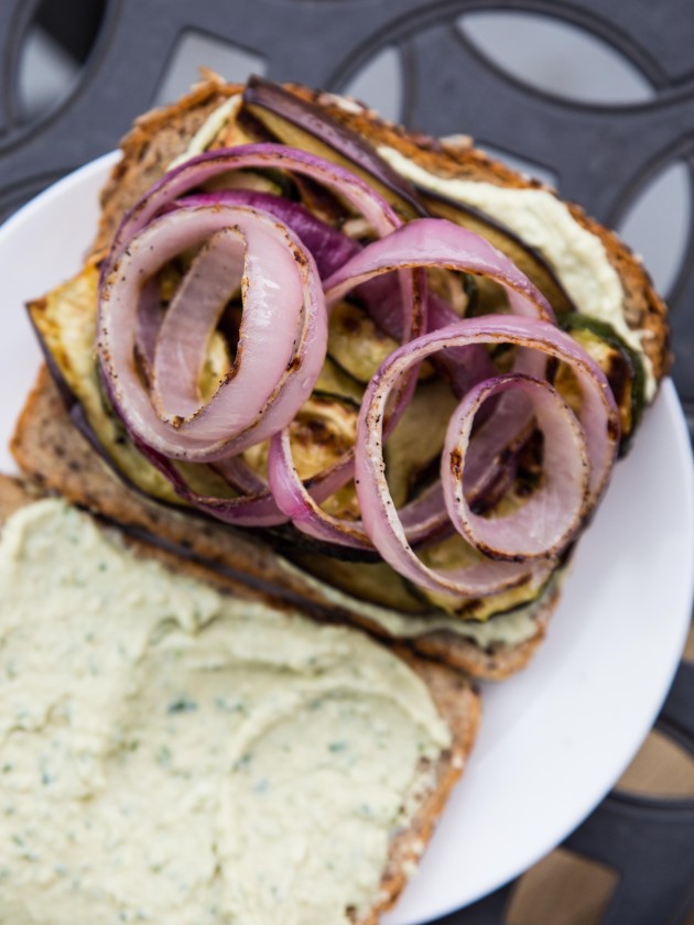 Grilled Veggie Sandwich with Herbed Goat Cheese White Bean Spread // @veggiebeastblog