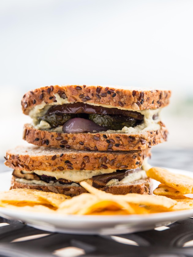 Grilled Veggie Sandwich with Herbed Goat Cheese White Bean Spread // @veggiebeastblog