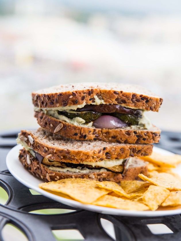 Grilled Veggie Sandwich with Herbed Goat Cheese White Bean Spread // @veggiebeastblog