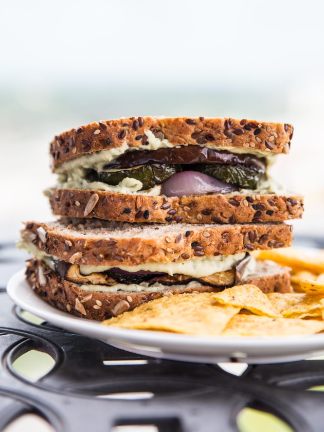 Grilled Veggie Sandwich with Herbed Goat Cheese White Bean Spread // @veggiebeastblog