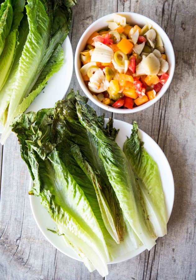 Grilled Romaine Salad with Basil Hummus Dressing - a fresh, summery meal packed with veggies and flavor!