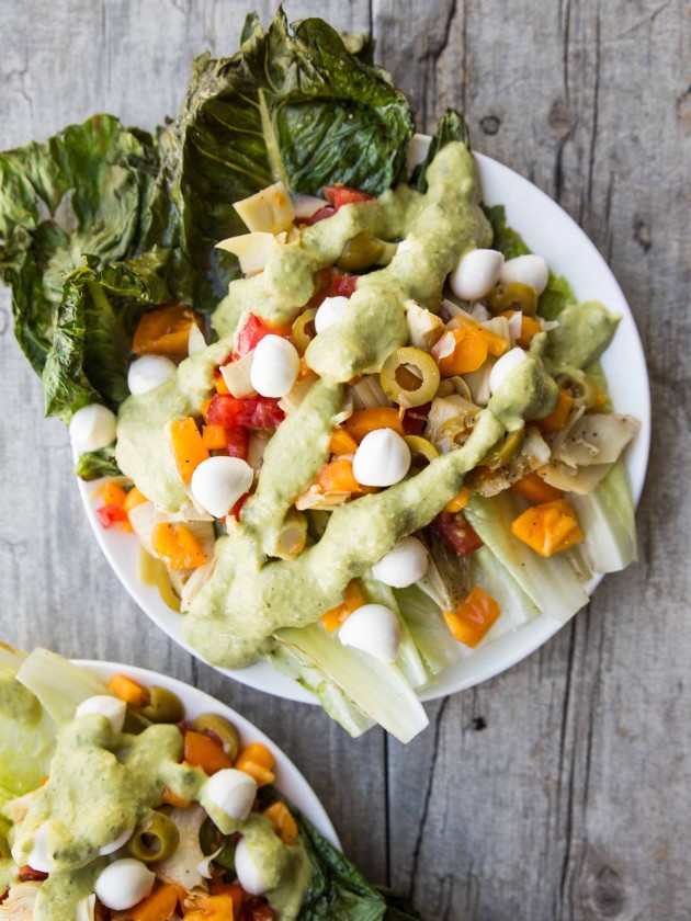 Grilled Romaine Salad with Basil Hummus Dressing - a fresh, summery meal packed with veggies and flavor!