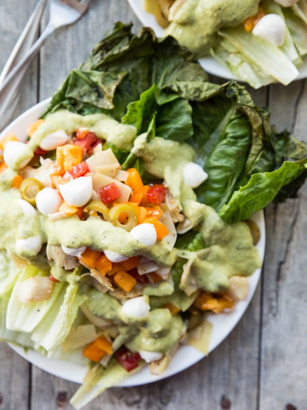 Grilled Romaine Salad with Basil Hummus Dressing - a fresh, summery meal packed with veggies and flavor!