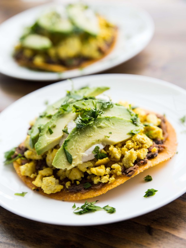 Tofu Breakfast Tostadas - spiced salsa black beans and seasoned tofu on top of a crisp baked tortilla! Flavorful, high-protein savory egg-free breakfast!