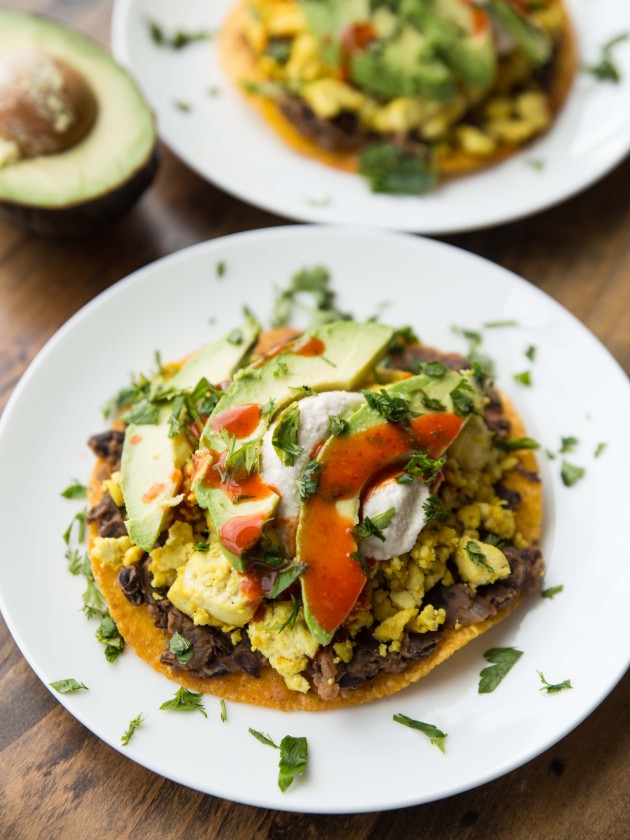 Tofu Breakfast Tostadas - spiced salsa black beans and seasoned tofu on top of a crisp baked tortilla! Flavorful, high-protein savory egg-free breakfast!