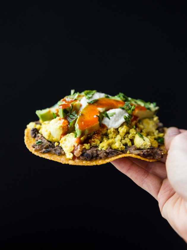 Tofu Breakfast Tostadas - spiced salsa black beans and seasoned tofu on top of a crisp baked tortilla! Flavorful, high-protein savory egg-free breakfast!