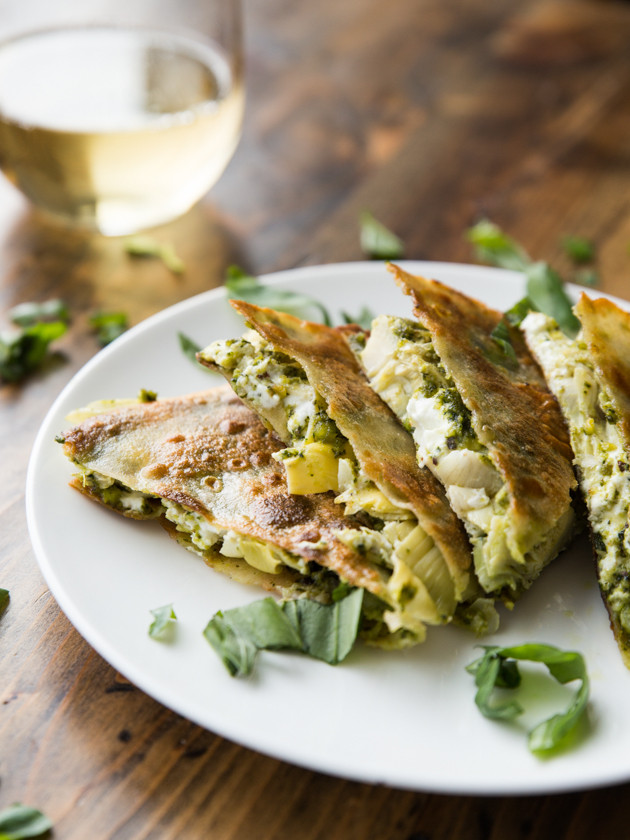 Artichoke, Pesto, and Goat Cheese Quesadillas - a simple, flavorful vegetarian meal!
