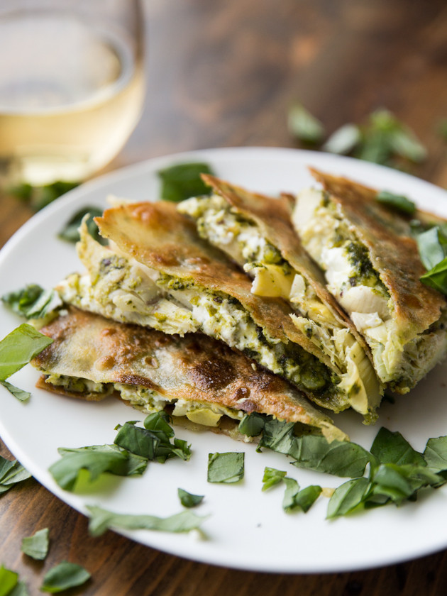Artichoke, Pesto, and Goat Cheese Quesadillas - a simple, flavorful vegetarian meal!