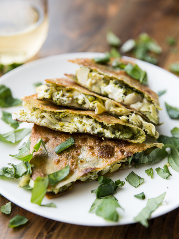 Artichoke, Pesto, and Goat Cheese Quesadillas - a simple, flavorful vegetarian meal!