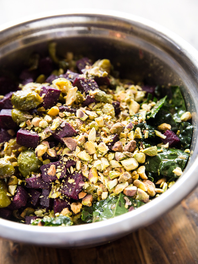 Roasted Sweet Potato, Brussels Sprout, and Tuscan Kale Salad with Pistachios and Goat Cheese