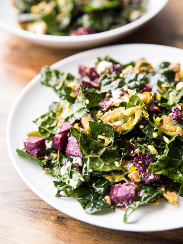 Roasted Sweet Potato, Brussels Sprout, and Tuscan Kale Salad with Pistachios and Goat Cheese
