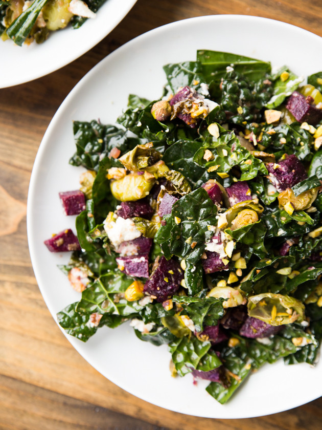 Roasted Sweet Potato, Brussels Sprout, and Tuscan Kale Salad with Pistachios and Goat Cheese