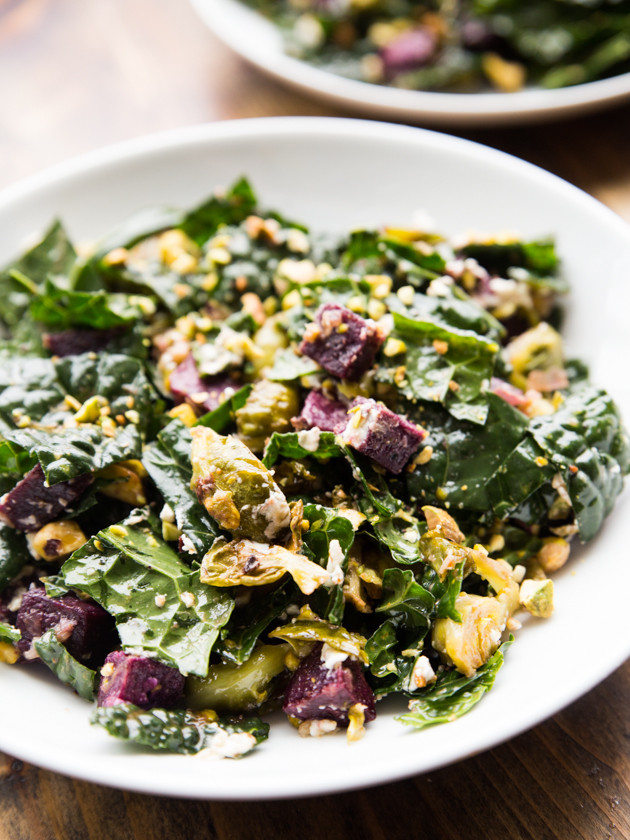 Roasted Sweet Potato, Brussels Sprout, and Tuscan Kale Salad with Pistachios and Goat Cheese