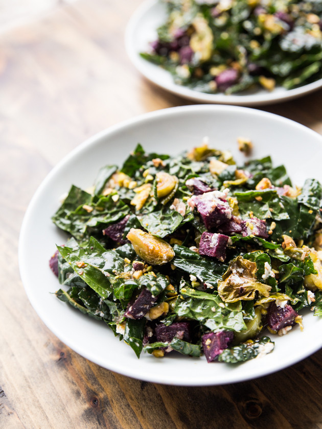 Roasted Sweet Potato, Brussels Sprout, and Tuscan Kale Salad with Pistachios and Goat Cheese