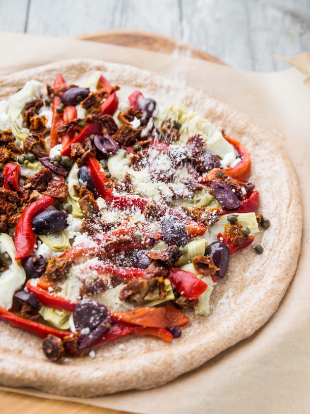 Easy Mediterranean Pantry Pizza - packed with flavor and veggies, and super easy to put together